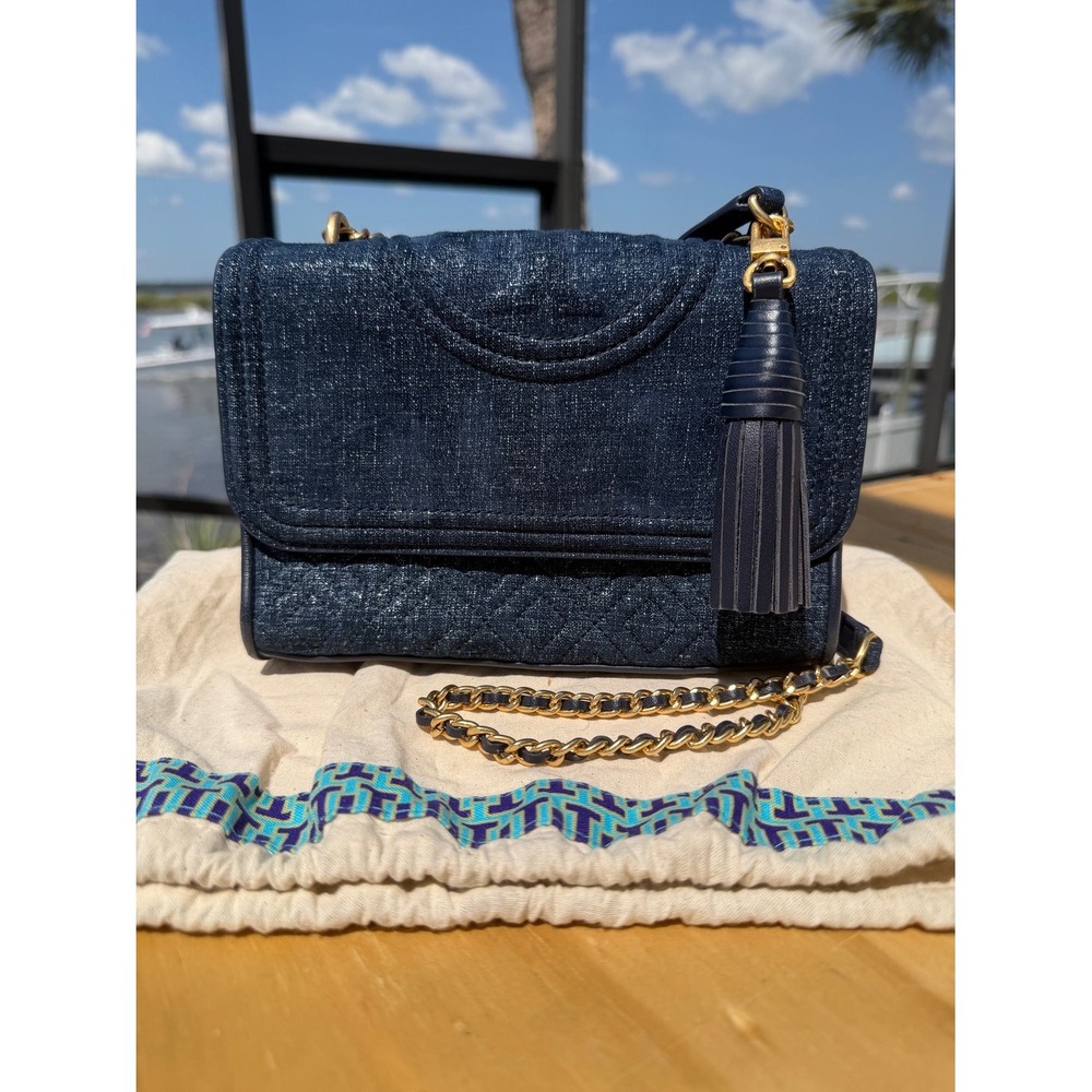 Tory Burch Fleming Convertible Shoulder Bag made from denim-print suede